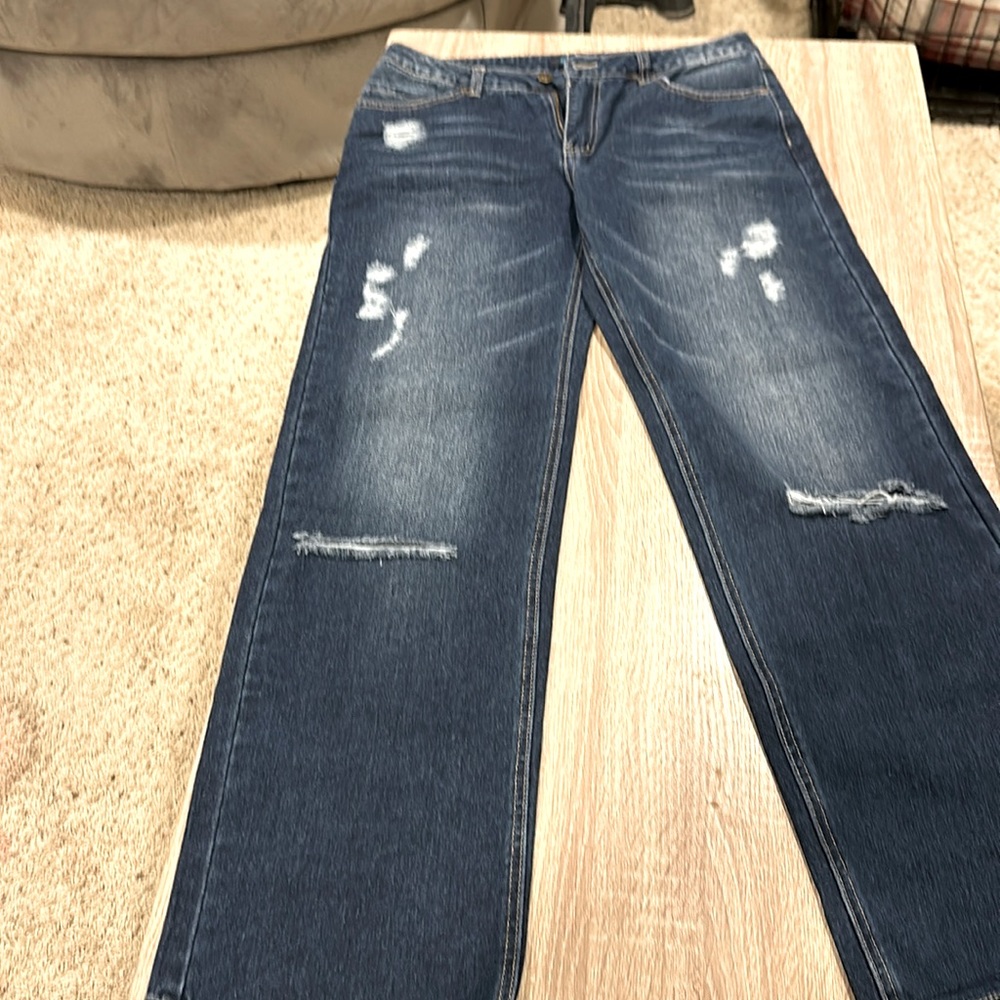 Midiross Women's Ripped Low Waist Straight Leg Jeans AR8 Blue Denim Medium